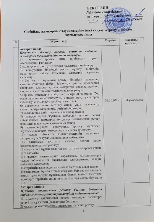 Сыбайлас жемқорлық тәуекелдеріне ішкі талдау жүргізу жөніндегі жұмыс жоспары