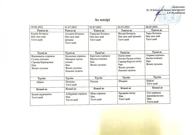 Маусым айы 2025 жыл. Бес күндік ас мәзірі