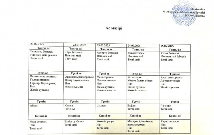 Шілде айы 2025 жыл. Бес күндік ас мәзірі