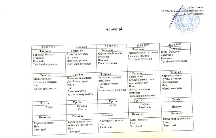 Тамыз айы 2025 жыл. Бес күндік ас мәзірі