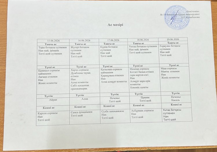 Маусым айы 2026 жыл. Бес күндік ас мәзірі