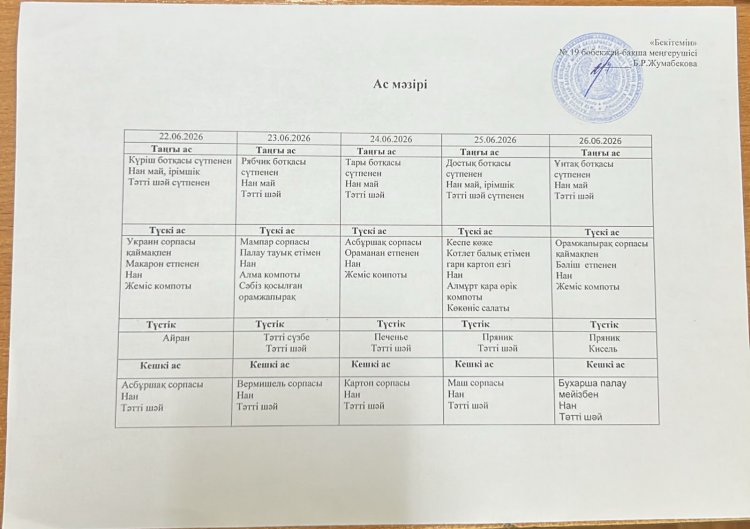 Маусым айы 2026 жыл. Бес күндік ас мәзірі