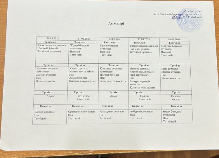 Тамыз айы 2026 жыл. Бес күндік ас мәзірі