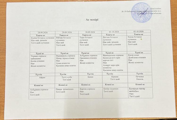 Қыркүйек айы 2026 жыл. Бес күндік ас мәзірі