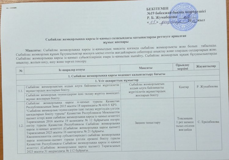 Сыбайлас жемқорлыққа қарсы іс-қимыл саласындағы қатынастарды реттеуге арналған жұмыс жоспары